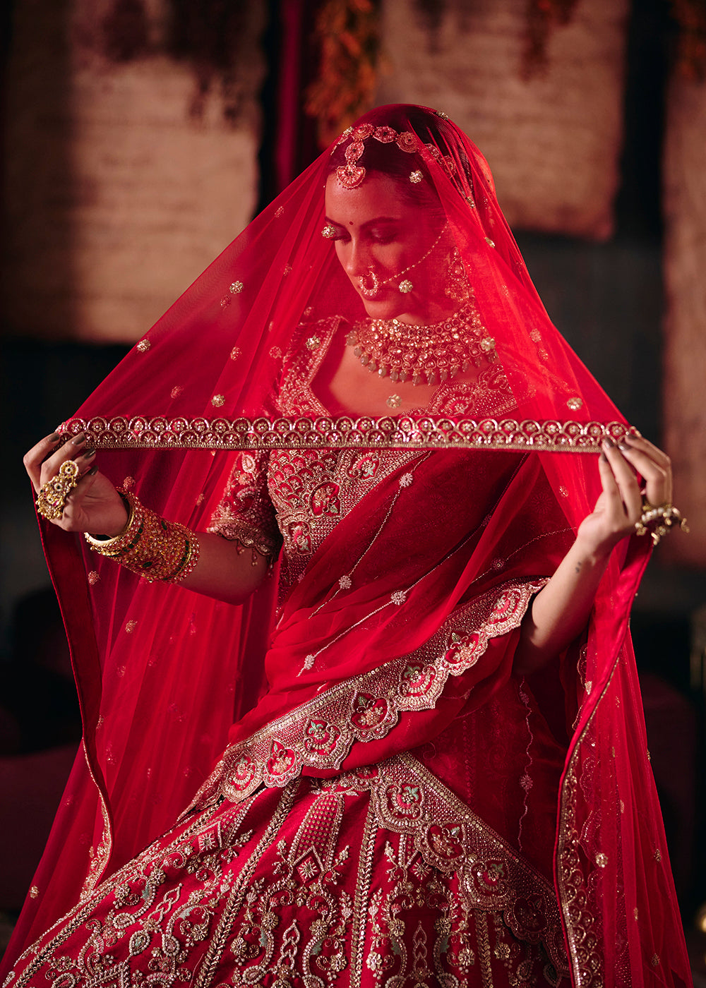 Buy Now Crimson Red Heavy Embroidery with Double Dupatta Bridal Lehenga Choli Online in USA, UK, Canada, France, Germany, Austria, Italy &amp; Worldwide at Empress.