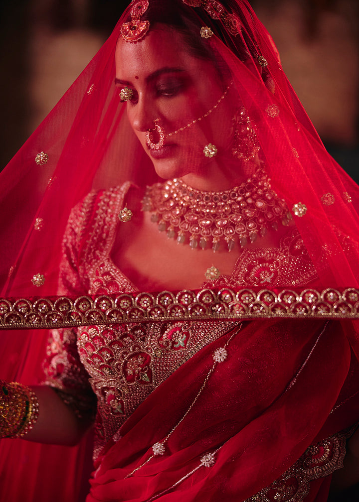 Buy Now Crimson Red Heavy Embroidery with Double Dupatta Bridal Lehenga Choli Online in USA, UK, Canada, France, Germany, Austria, Italy &amp; Worldwide at Empress.