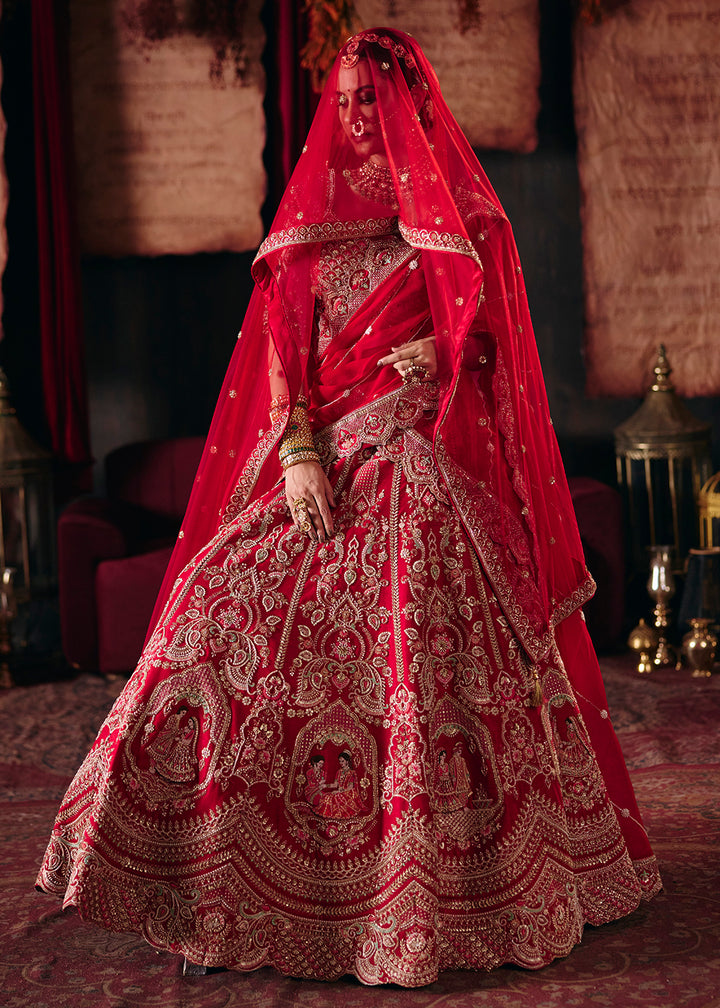 Buy Now Crimson Red Heavy Embroidery with Double Dupatta Bridal Lehenga Choli Online in USA, UK, Canada, France, Germany, Austria, Italy &amp; Worldwide at Empress.