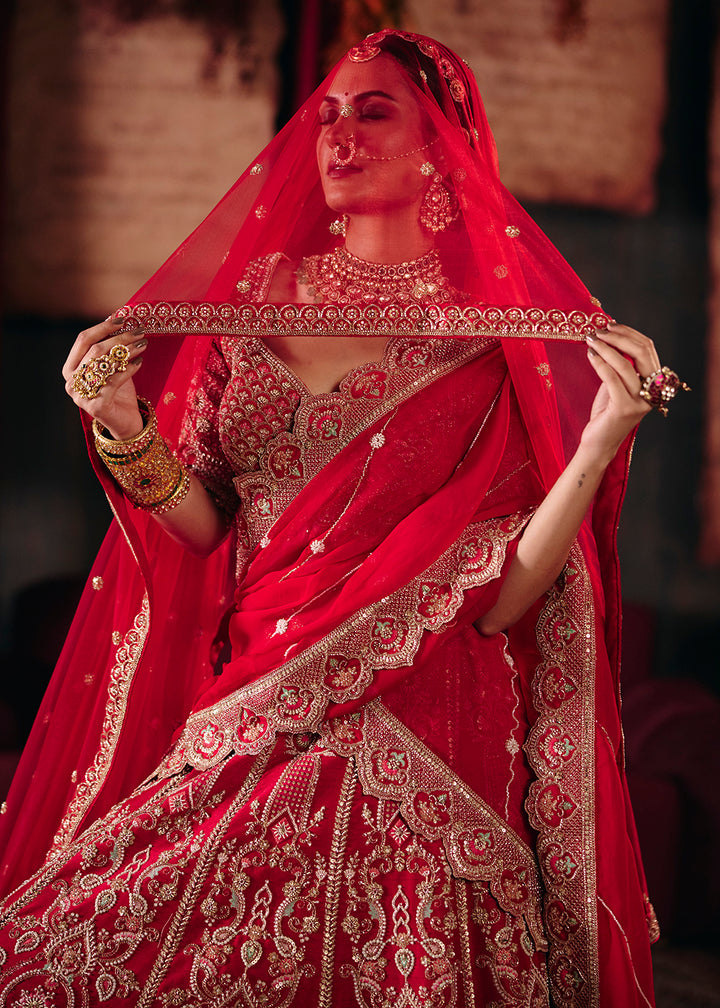 Buy Now Crimson Red Heavy Embroidery with Double Dupatta Bridal Lehenga Choli Online in USA, UK, Canada, France, Germany, Austria, Italy &amp; Worldwide at Empress.