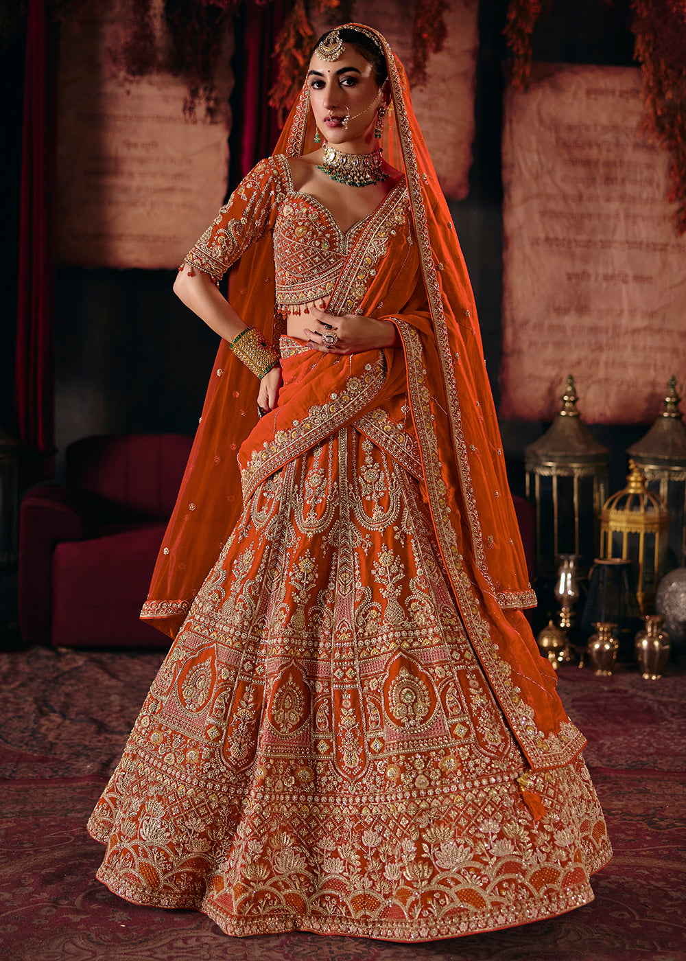 Buy Now Orange Heavy Embroidery with Double Dupatta Bridal Lehenga Choli Online in USA, UK, Canada, France, Germany, Austria, Italy, UAE & Worldwide at Empress.