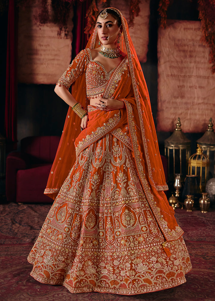 Buy Now Orange Heavy Embroidery with Double Dupatta Bridal Lehenga Choli Online in USA, UK, Canada, France, Germany, Austria, Italy, UAE &amp; Worldwide at Empress.
