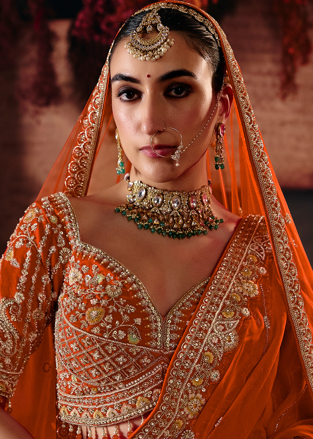 Buy Now Orange Heavy Embroidery with Double Dupatta Bridal Lehenga Choli Online in USA, UK, Canada, France, Germany, Austria, Italy, UAE &amp; Worldwide at Empress.