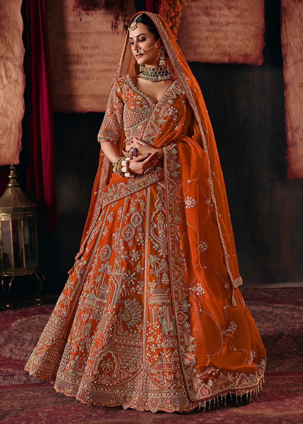 Buy Now Orange Heavy Embroidery with Double Dupatta Bridal Lehenga Choli Online in USA, UK, Canada, France, Germany, Austria, Italy, UAE &amp; Worldwide at Empress.