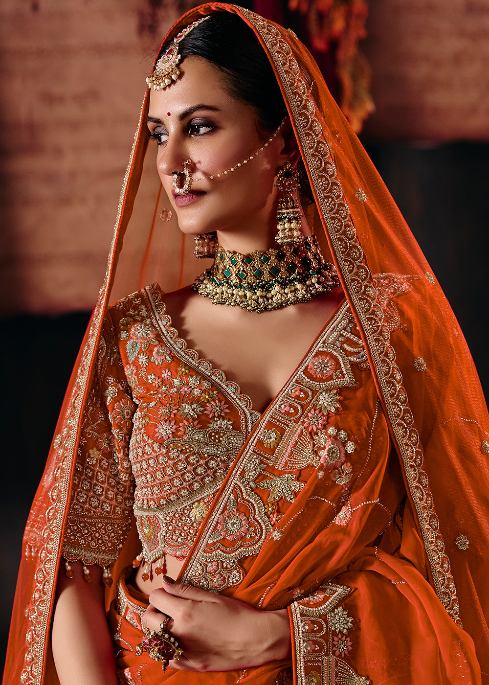 Buy Now Orange Heavy Embroidery with Double Dupatta Bridal Lehenga Choli Online in USA, UK, Canada, France, Germany, Austria, Italy, UAE &amp; Worldwide at Empress.