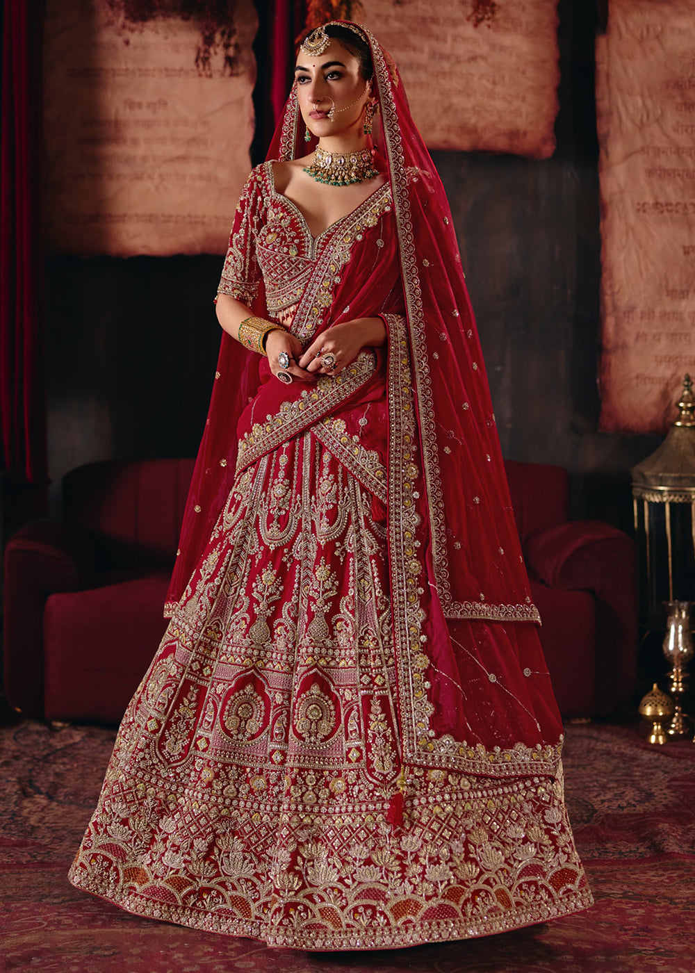 Buy Now Red Heavy Embroidery with Double Dupatta Bridal Lehenga Choli Online in USA, UK, Canada, France, Germany, Austria, Italy, UAE & Worldwide at Empress.
