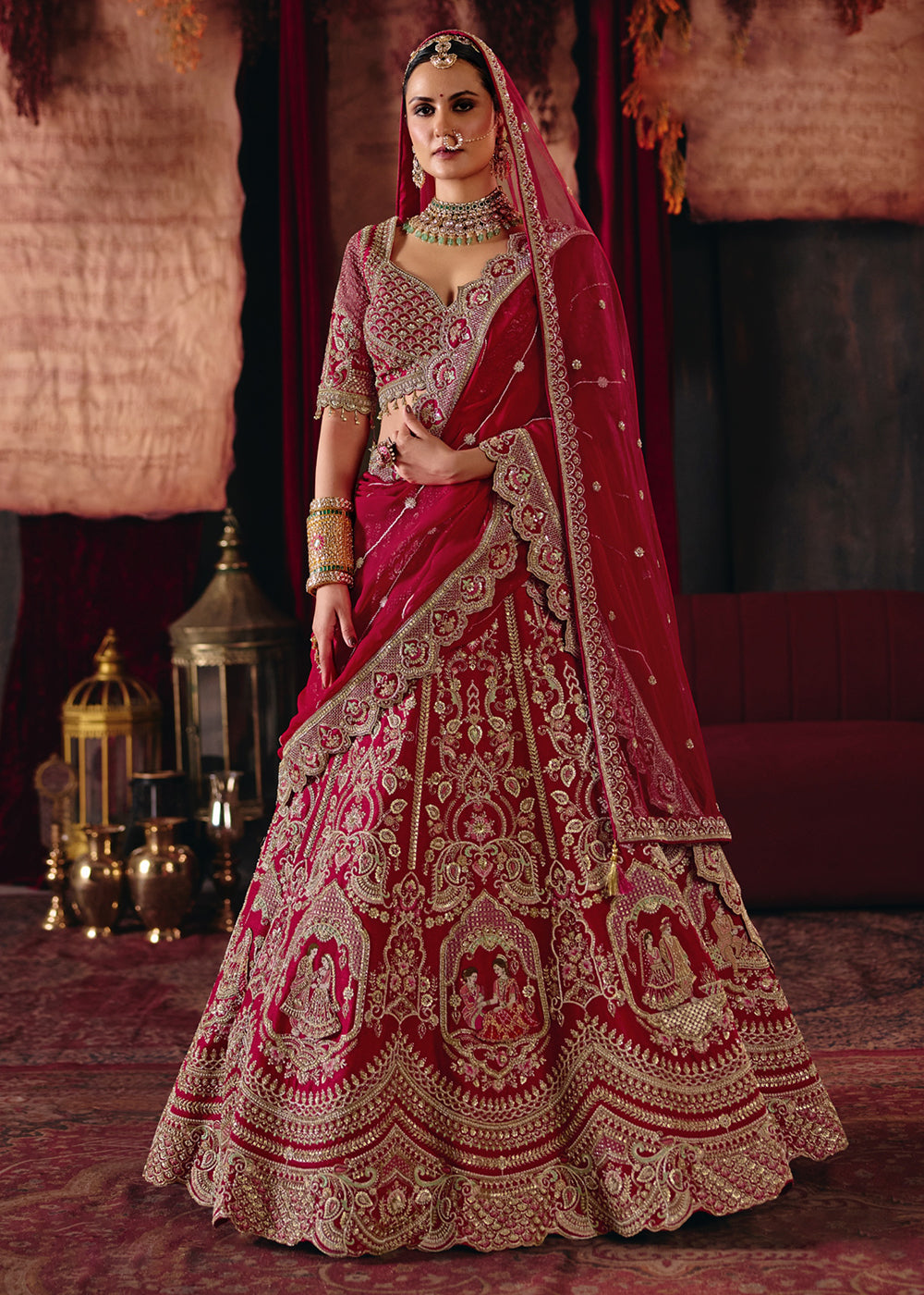 Buy Now Chic Red Heavy Embroidery with Double Dupatta Bridal Lehenga Choli Online in USA, UK, Canada, France, Germany, Austria, Italy & Worldwide at Empress.