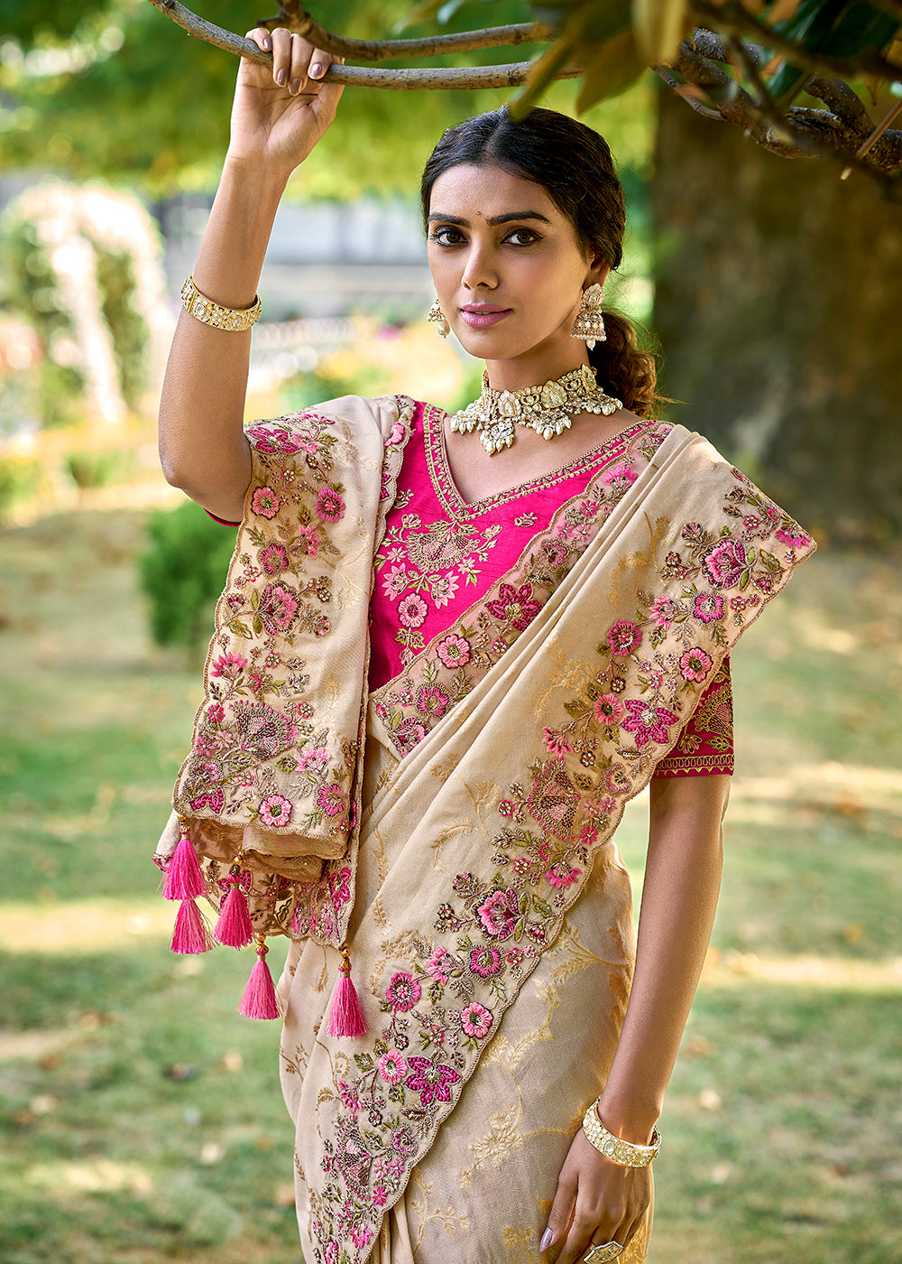 Pink and cream kanchipuram silk saree with hand worked blouse – Threads