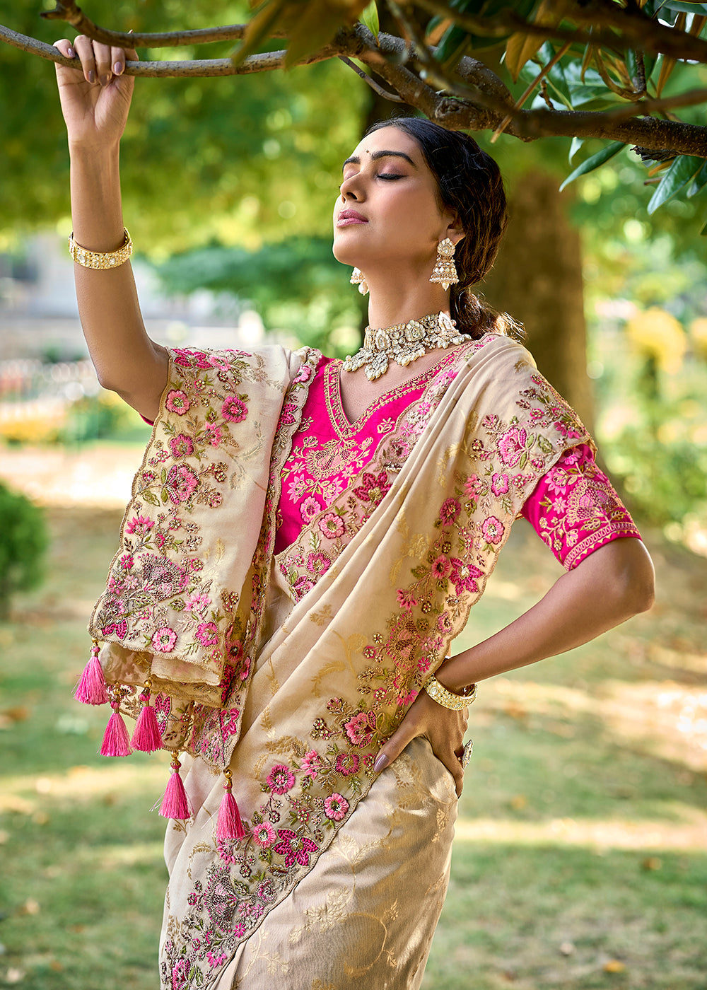 Buy Now Vibrant Cream Embroidered Silk Wedding Wear Contemporary Saree Online in USA, UK, Canada & Worldwide at Empress Clothing. 