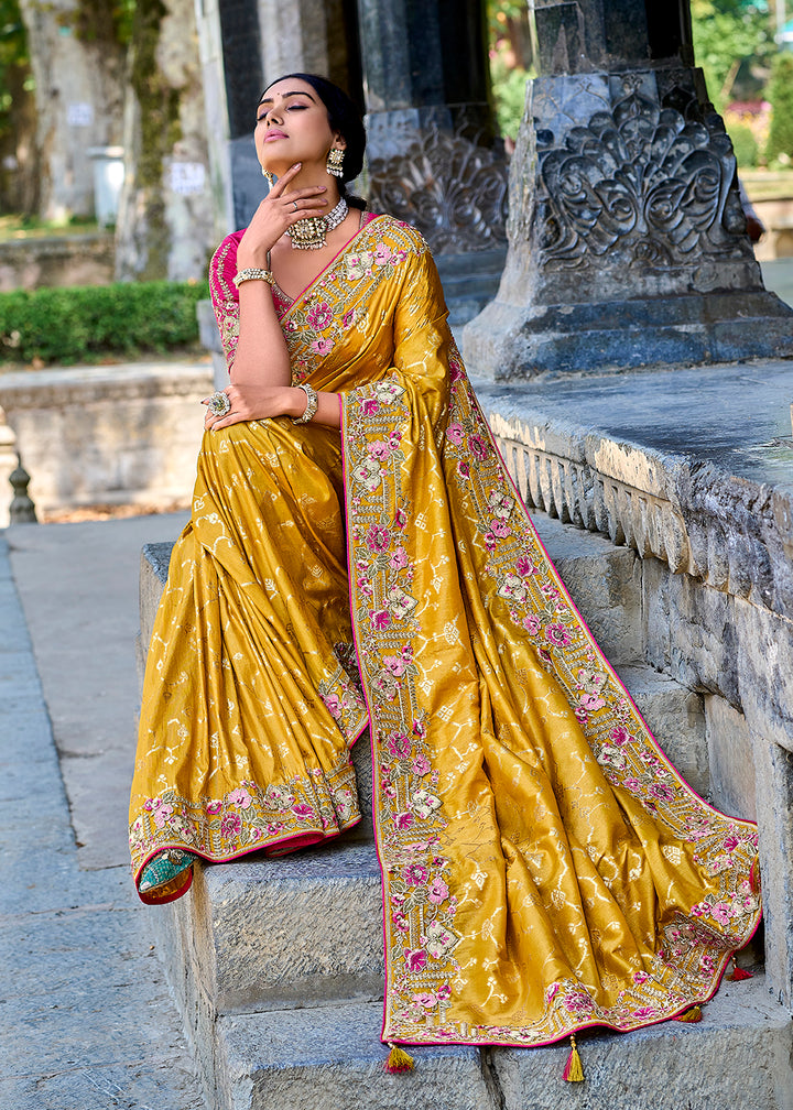Buy Now Vibrant Yellow Embroidered Silk Wedding Wear Contemporary Saree Online in USA, UK, Canada & Worldwide at Empress Clothing.