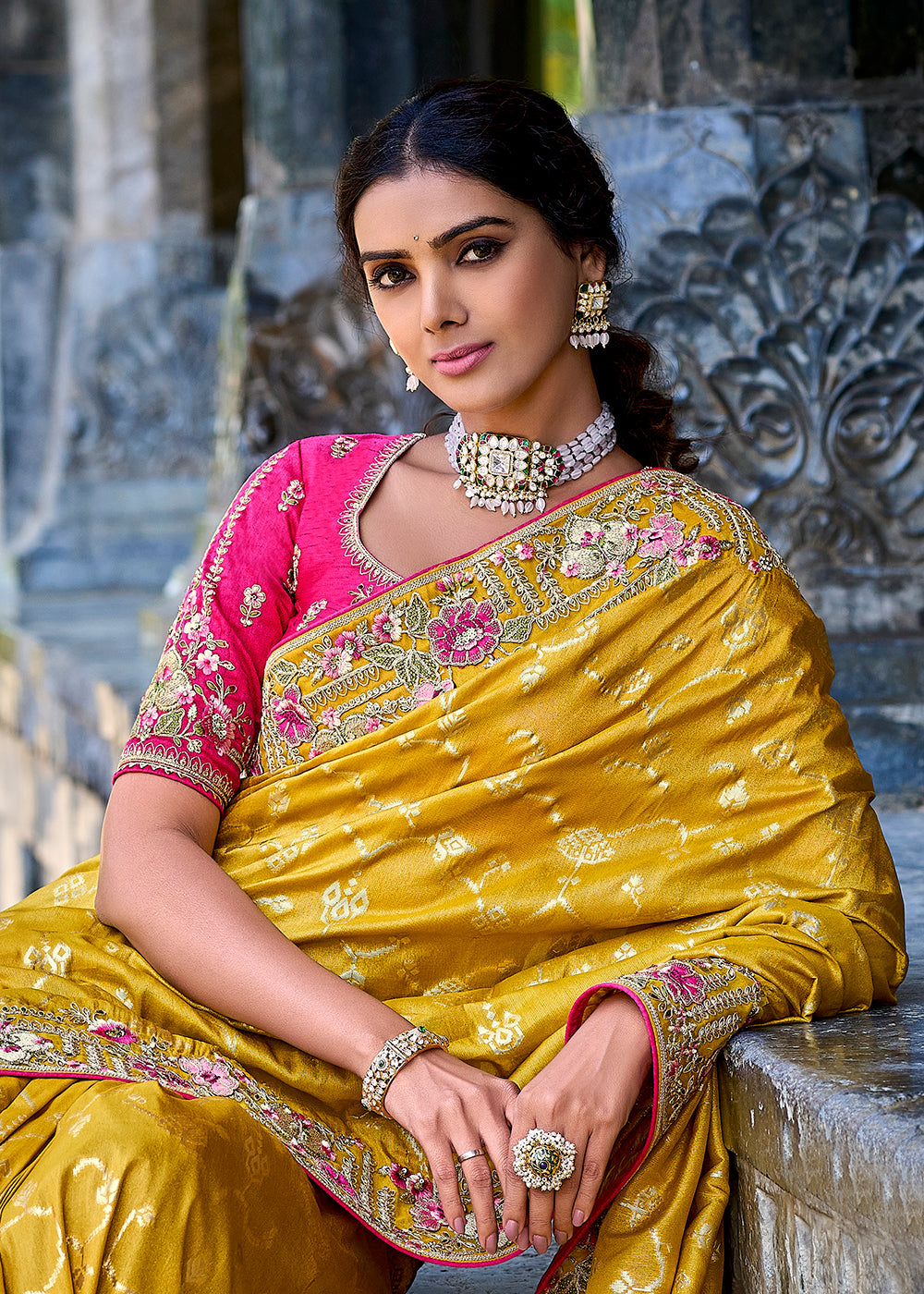 Buy Now Vibrant Yellow Embroidered Silk Wedding Wear Contemporary Saree Online in USA, UK, Canada & Worldwide at Empress Clothing.