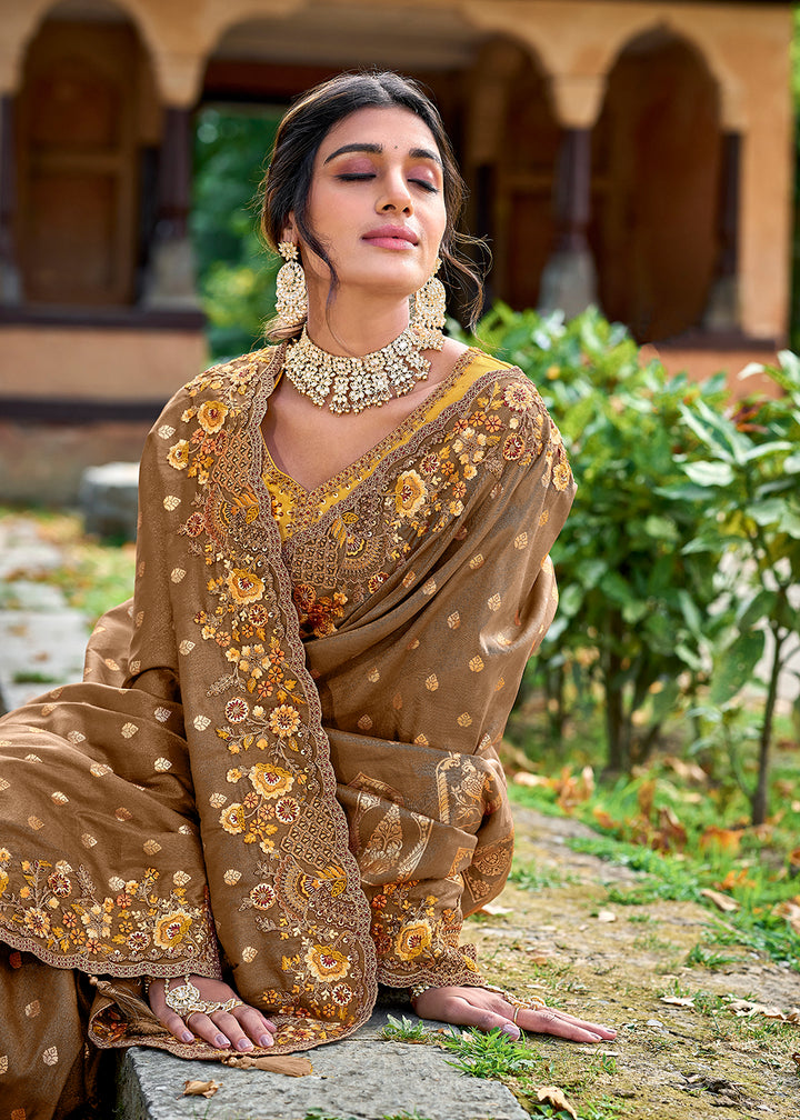 Buy Now Vibrant Brown Embroidered Silk Wedding Wear Contemporary Saree Online in USA, UK, Canada & Worldwide at Empress Clothing.