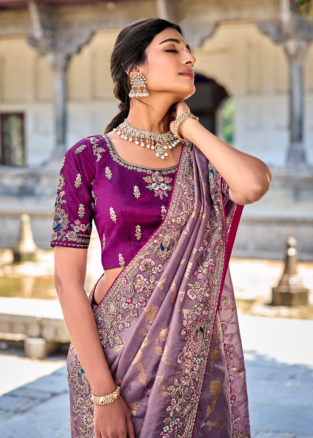 Buy Now Vibrant Purple Embroidered Silk Wedding Wear Contemporary Saree Online in USA, UK, Canada & Worldwide at Empress Clothing