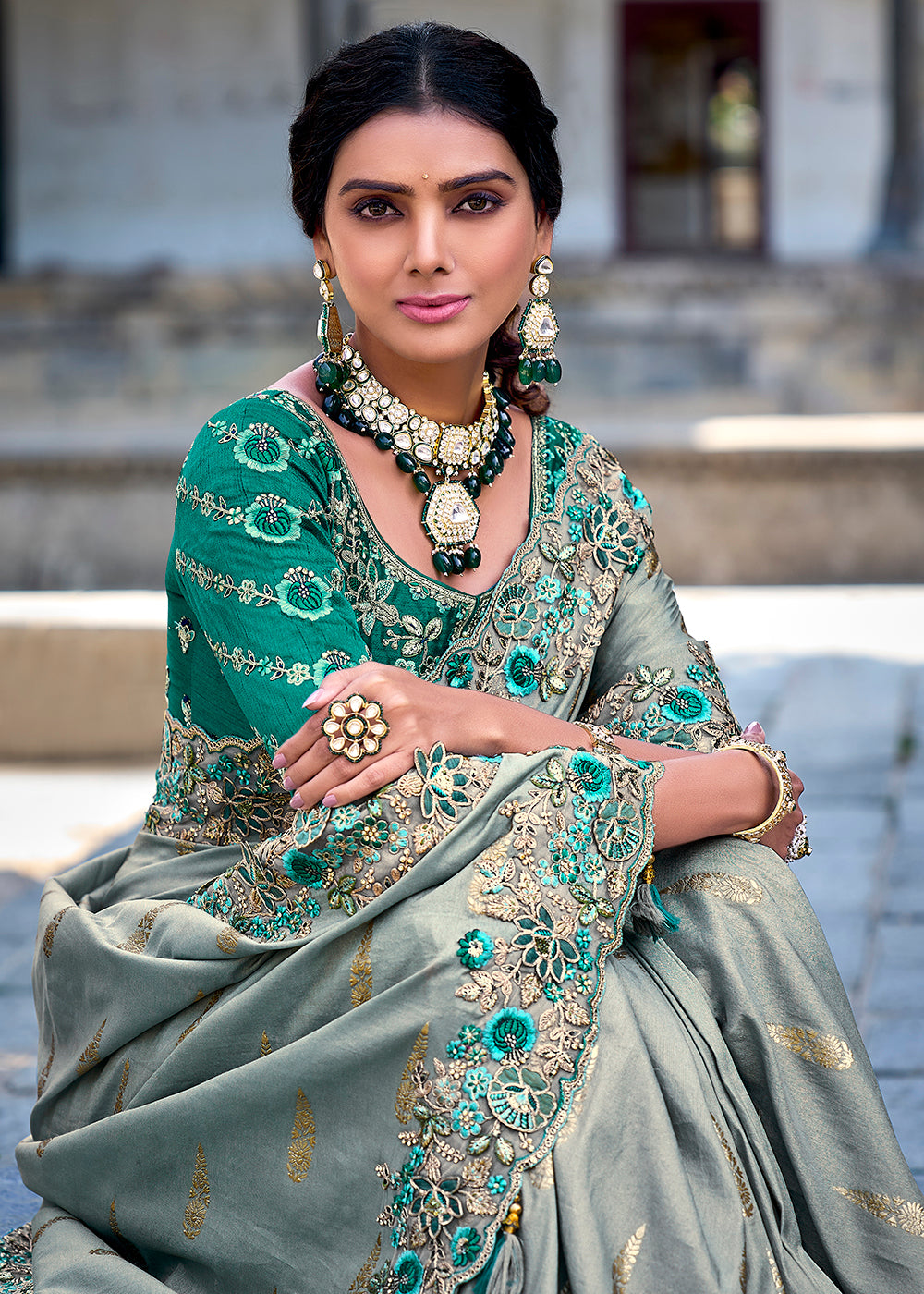 Buy Now Vibrant Greyish Green Embroidered Silk Wedding Wear Contemporary Saree Online in USA, UK, Canada & Worldwide at Empress Clothing. 