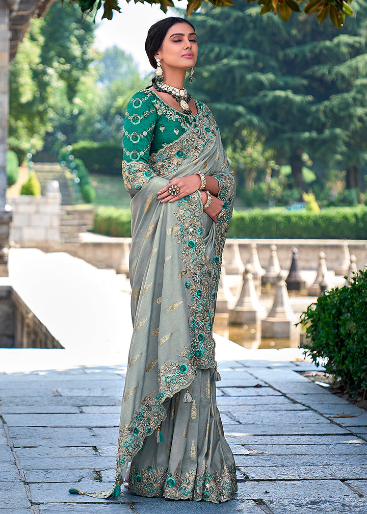 Buy Now Vibrant Greyish Green Embroidered Silk Wedding Wear Contemporary Saree Online in USA, UK, Canada & Worldwide at Empress Clothing. 