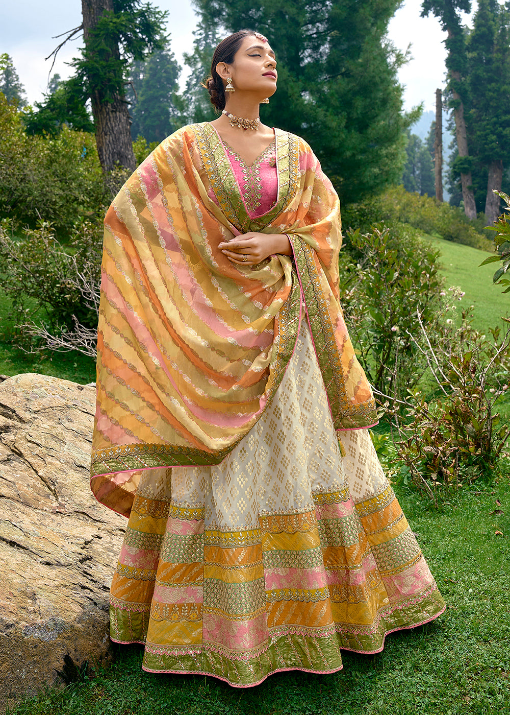 Buy Now Fancy Silk Ivory Heavy Embroidered Designer Lehenga Choli Online in USA, UK, Canada & Worldwide at Empress Clothing