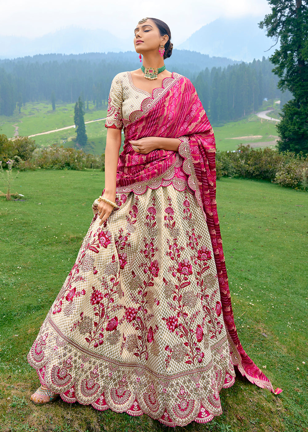 Buy Now Fancy Silk Ivory Pink Heavy Embroidered Designer Lehenga Choli Online in USA, UK, Canada & Worldwide at Empress Clothing. T
