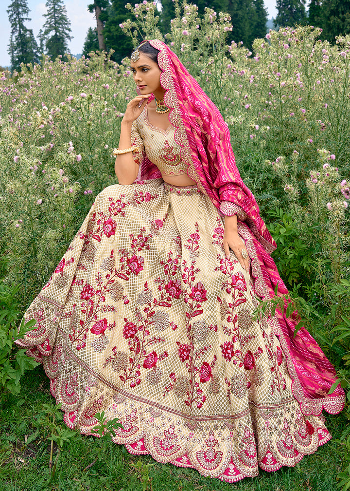 Buy Now Fancy Silk Ivory Pink Heavy Embroidered Designer Lehenga Choli Online in USA, UK, Canada & Worldwide at Empress Clothing. T