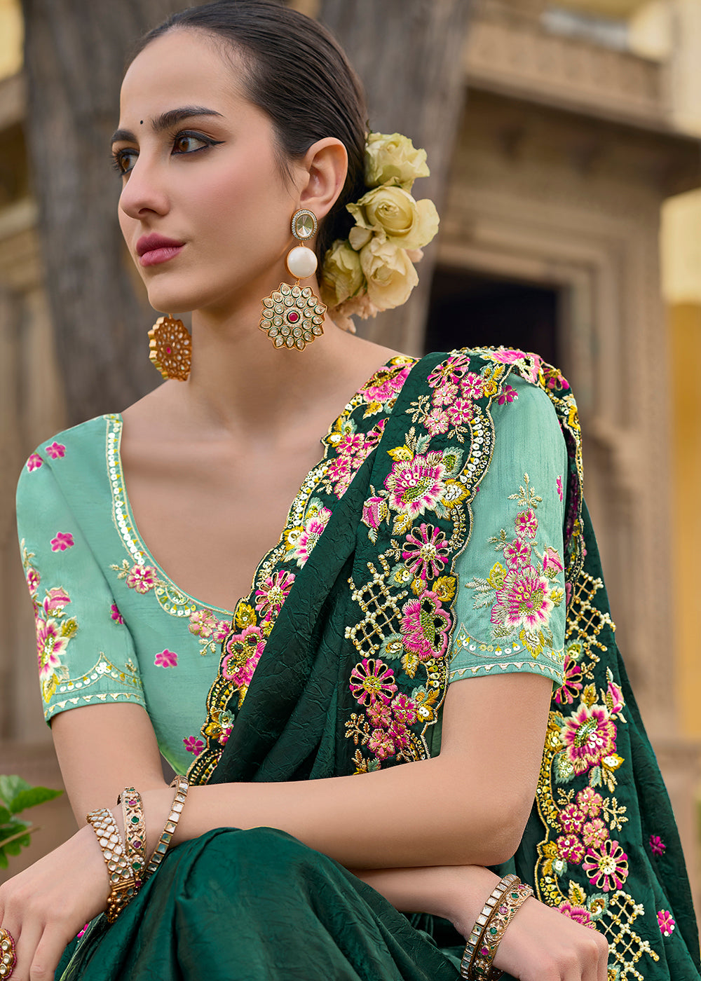 Buy Now Dark Green Fancy Tissue Organza Silk Designer Saree Online in USA, UK, Canada & Worldwide at Empress Clothing.