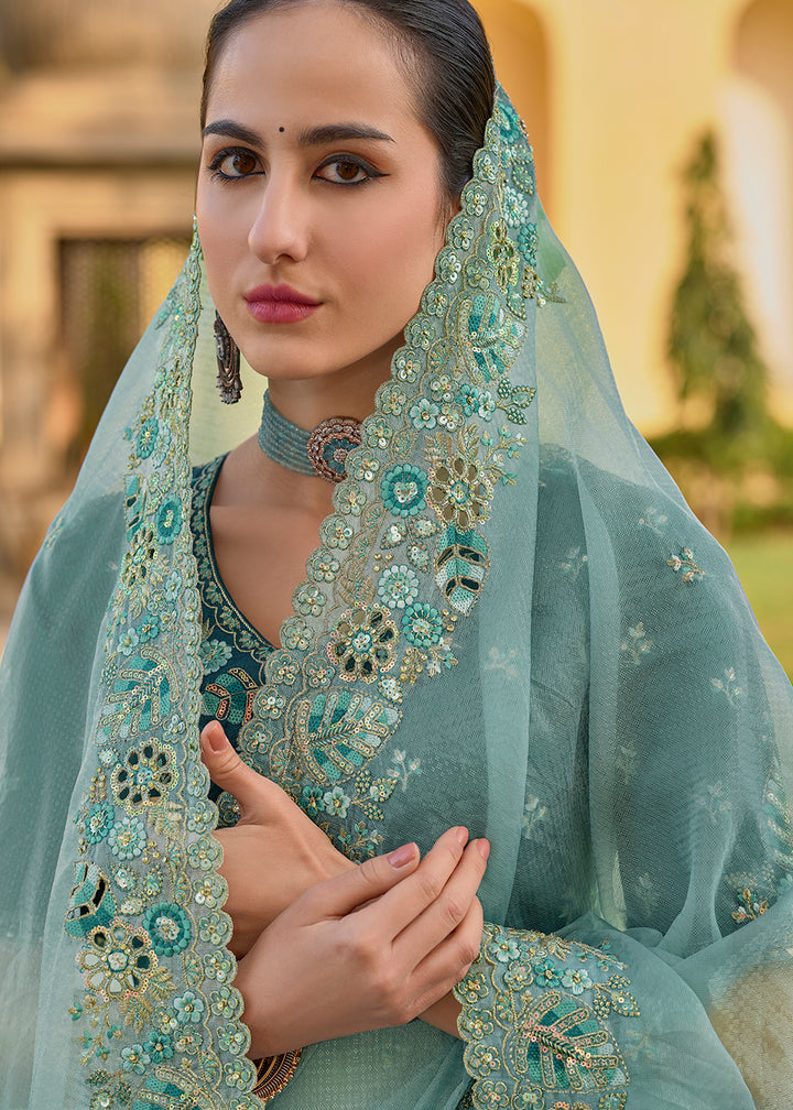 Buy Now Mint Blue Fancy Tissue Organza Silk Designer Saree Online in USA, UK, Canada & Worldwide at Empress Clothing.