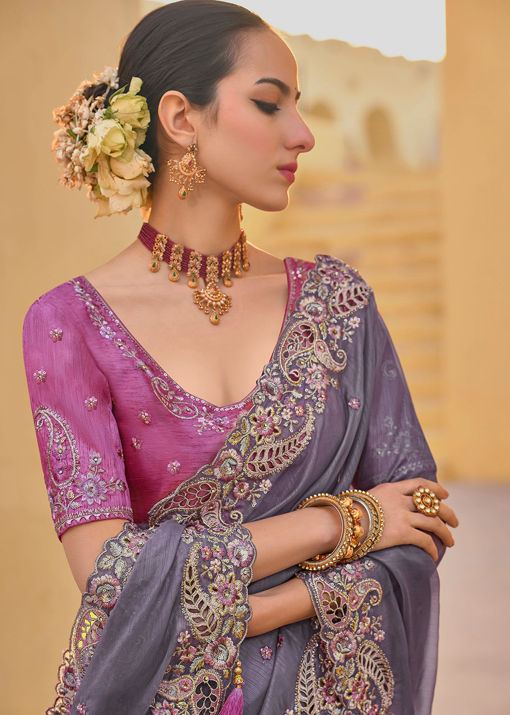 Buy Now Lavender Grey Fancy Tissue Organza Silk Designer Saree Online in USA, UK, Canada & Worldwide at Empress Clothing. 