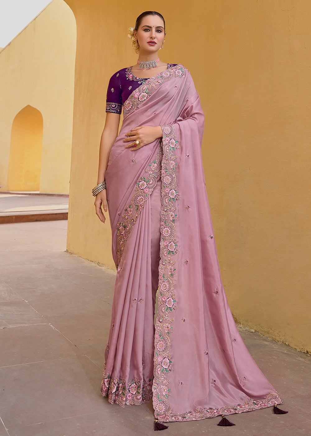 Buy Now Dusty Pink Fancy Tissue Organza Silk Designer Saree Online in USA, UK, Canada & Worldwide at Empress Clothing.