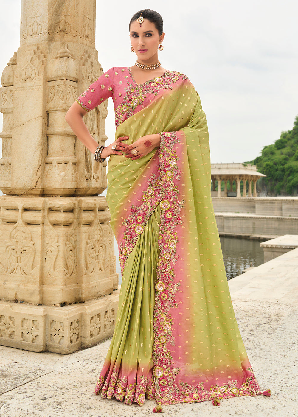 Buy Now Shaded Pink Green Viscose Tissue Silk Designer Saree Online in Canada, UK, France, Germany, USA & Worldwide at Empress Clothing. 