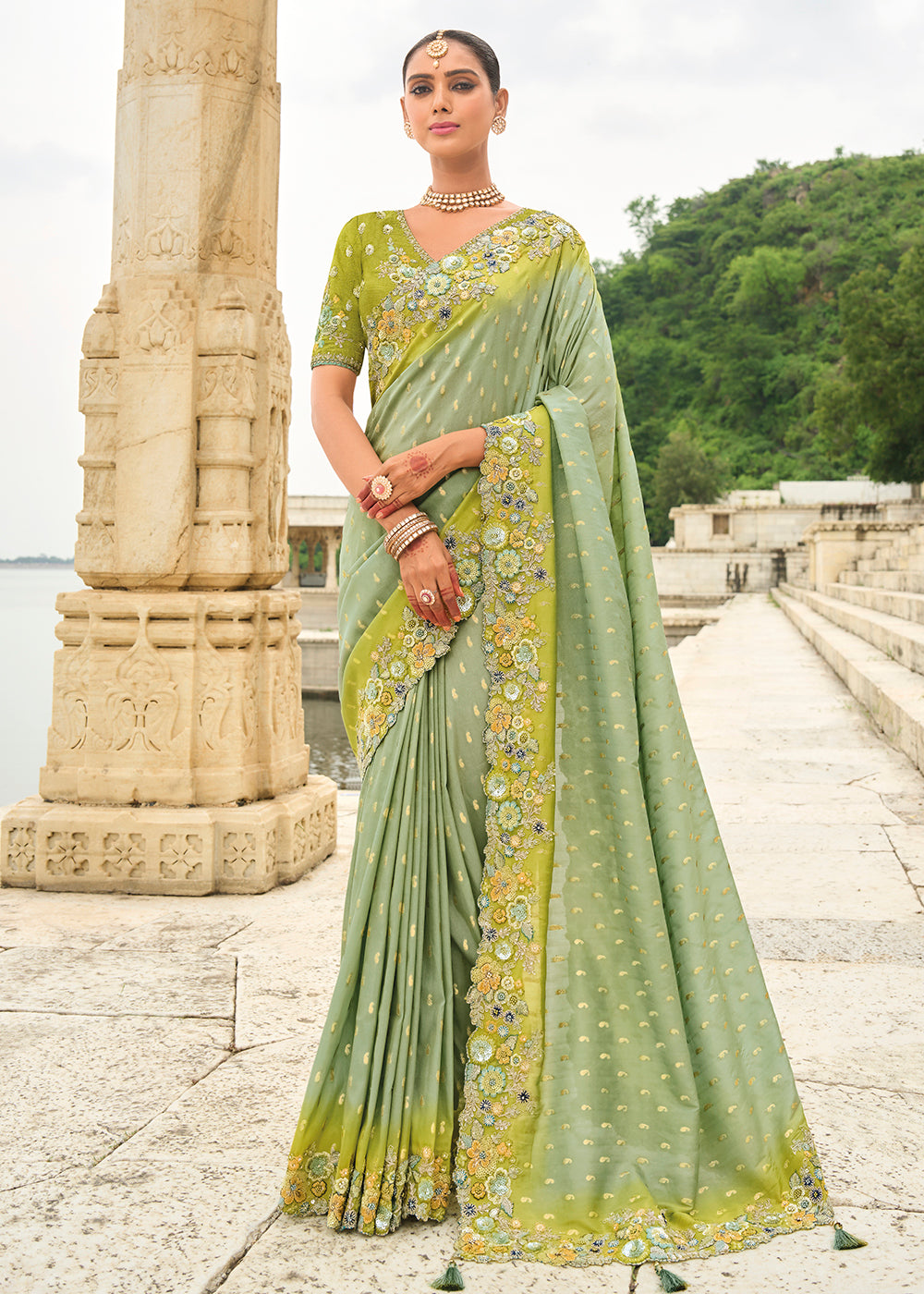 Buy Now Shaded Pista Green Viscose Tissue Silk Designer Saree Online in Canada, UK, France, Germany, USA & Worldwide at Empress Clothing.