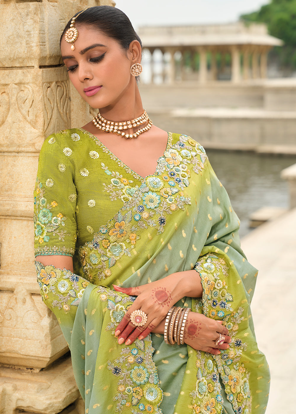 Buy Now Shaded Pista Green Viscose Tissue Silk Designer Saree Online in Canada, UK, France, Germany, USA & Worldwide at Empress Clothing.