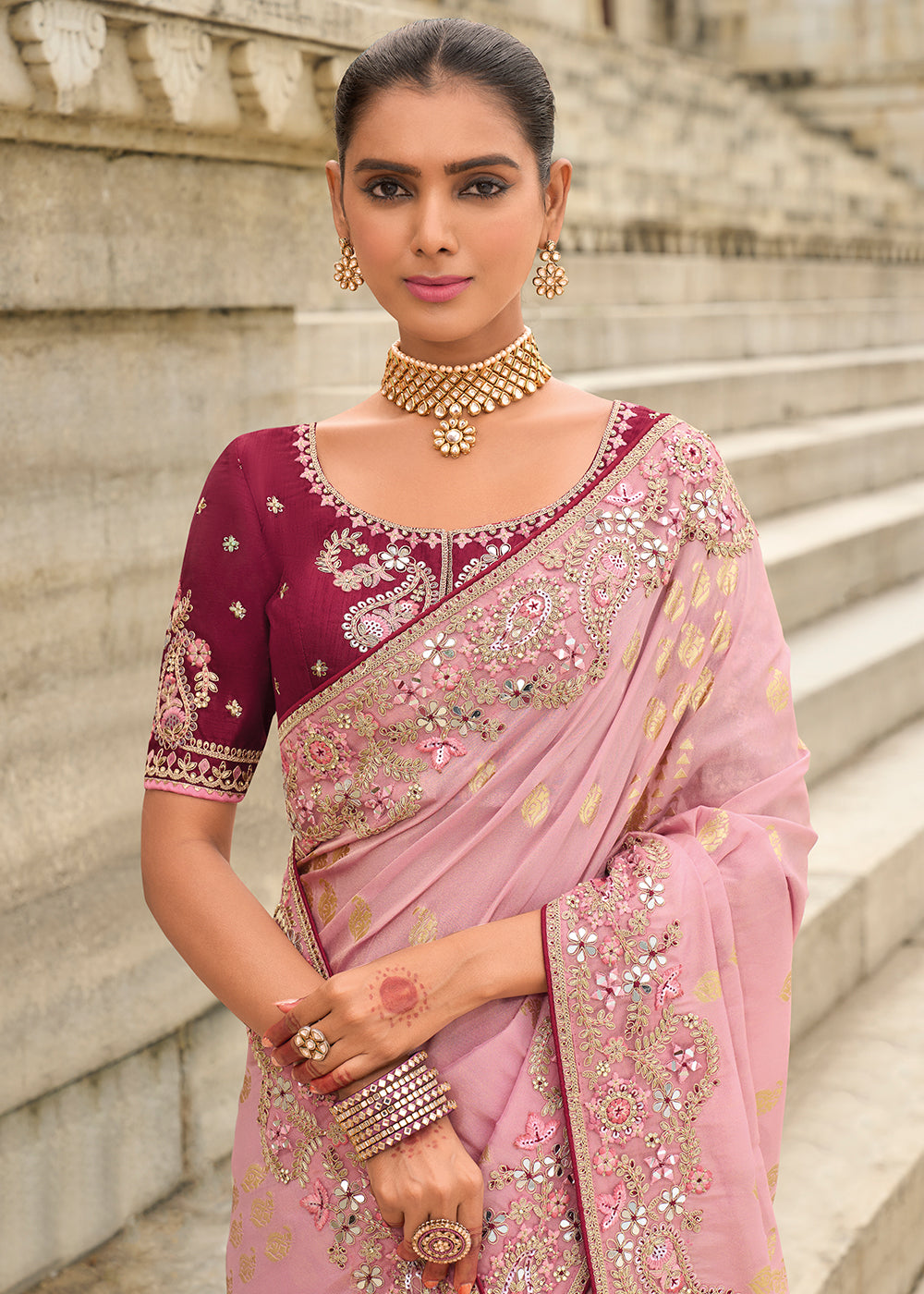 Buy Now Shaded Pink Viscose Tissue Silk Designer Saree Online in Canada, UK, France, Germany, USA & Worldwide at Empress Clothing. 