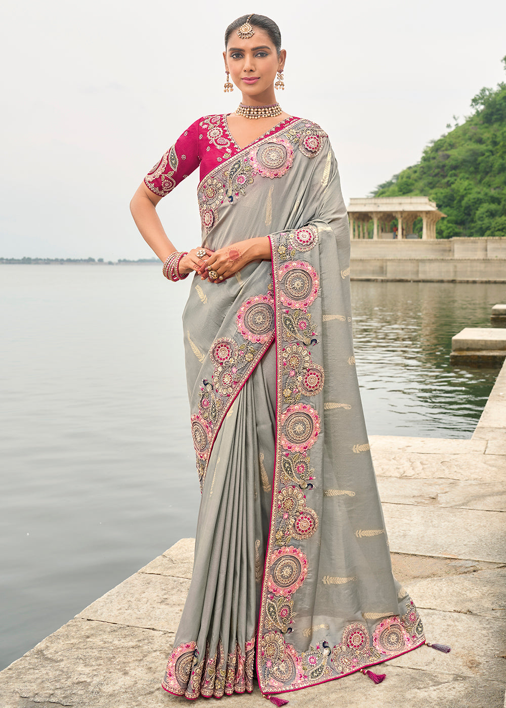 Buy Now Shaded Grey Magenta Viscose Tissue Silk Designer Saree Online in Canada, UK, France, Germany, USA & Worldwide at Empress Clothing. 