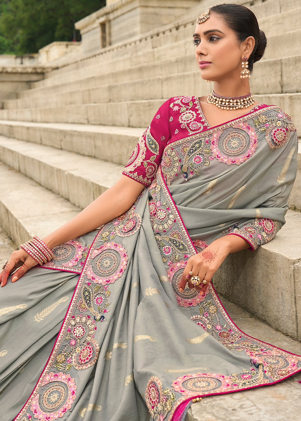 Buy Now Shaded Grey Magenta Viscose Tissue Silk Designer Saree Online in Canada, UK, France, Germany, USA & Worldwide at Empress Clothing. 