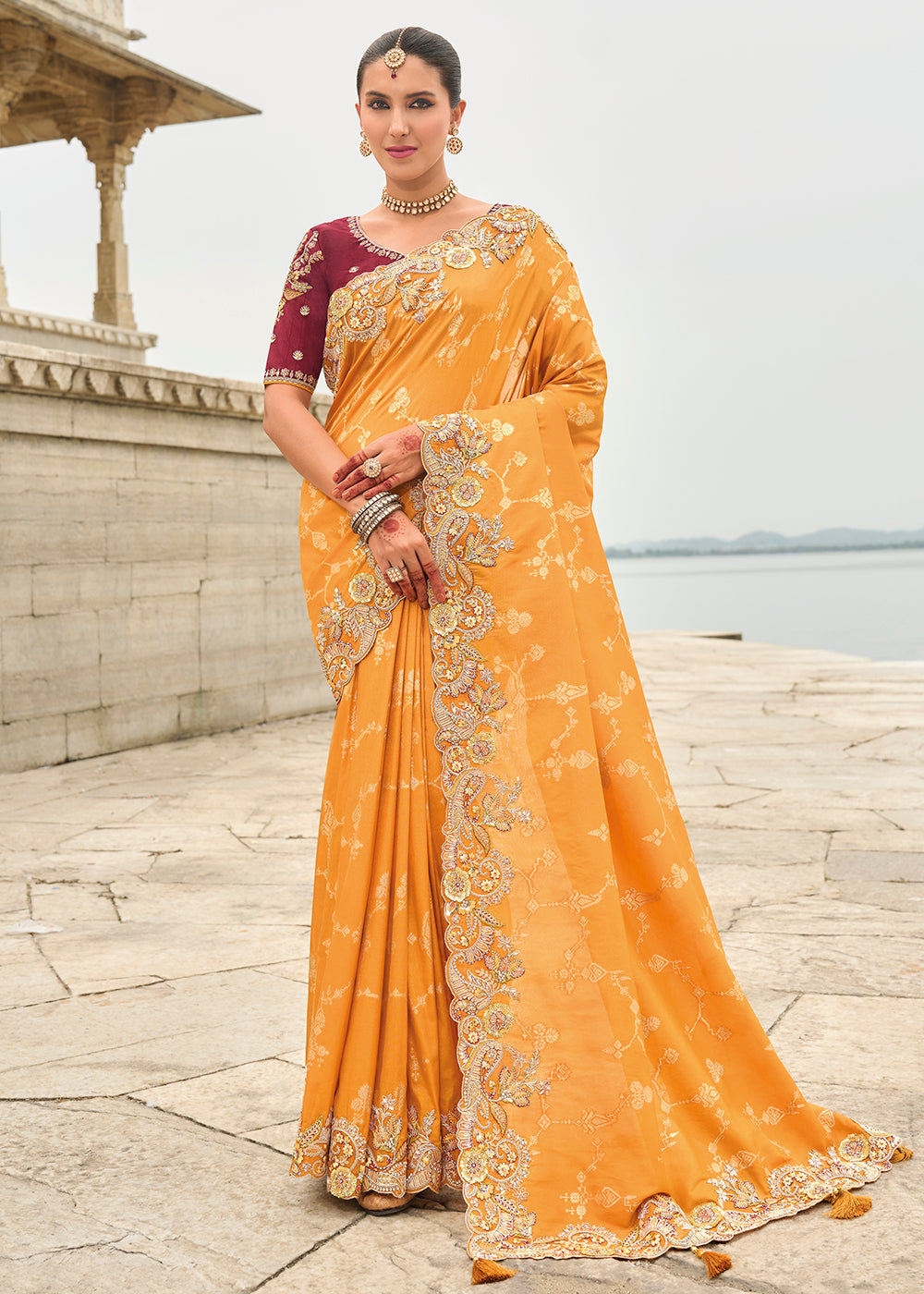 Buy Now Orange Maroon Viscose Tissue Silk Designer Saree Online in Canada, UK, France, Germany, USA & Worldwide at Empress Clothing. 