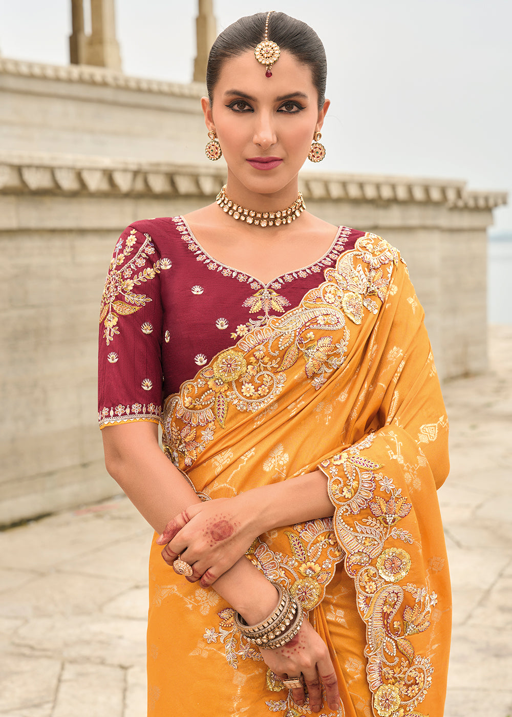 Buy Now Orange Maroon Viscose Tissue Silk Designer Saree Online in Canada, UK, France, Germany, USA & Worldwide at Empress Clothing. 