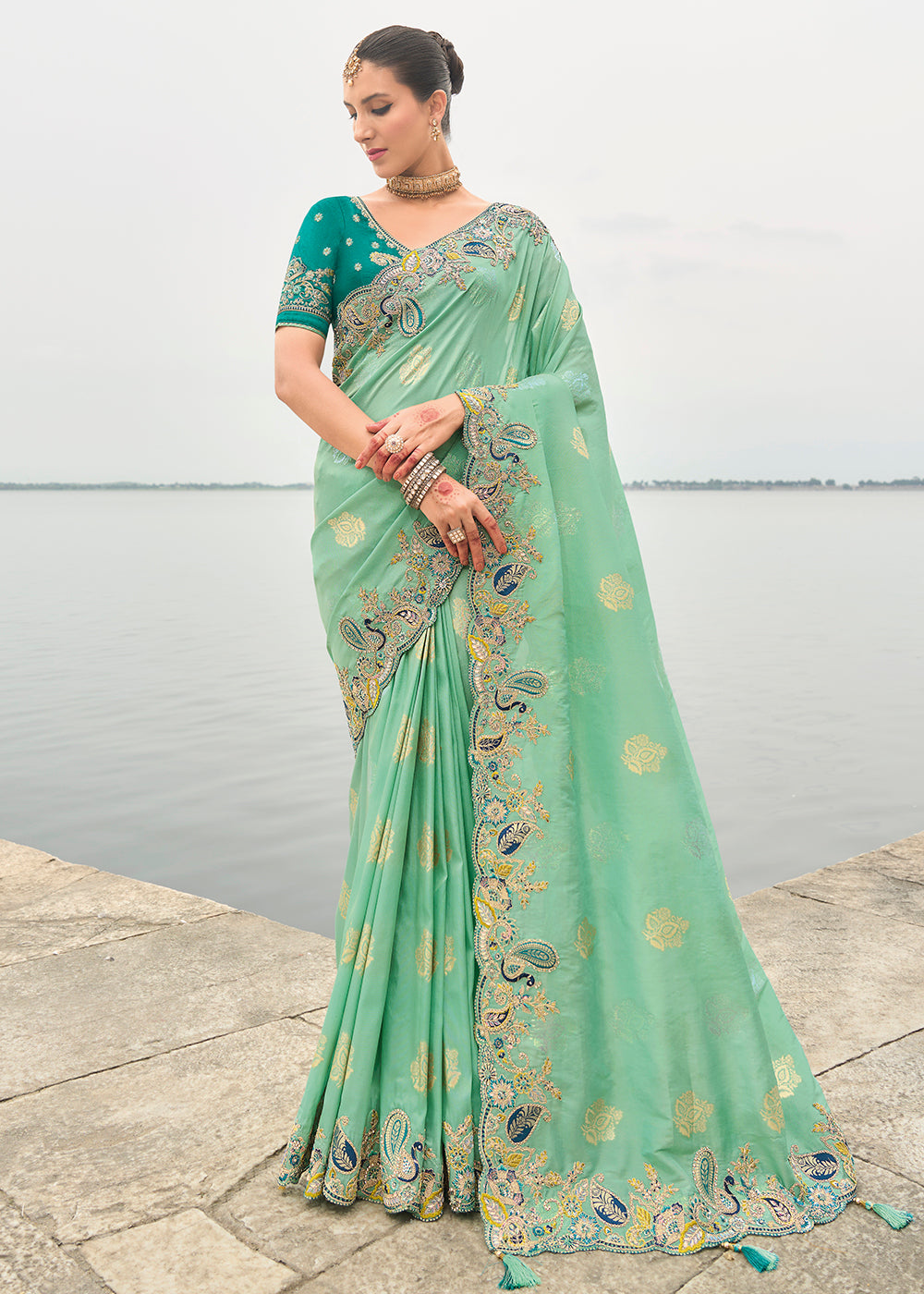 Buy Now Sea Green Viscose Tissue Silk Designer Saree Online in Canada, UK, France, Germany, USA & Worldwide at Empress Clothing.