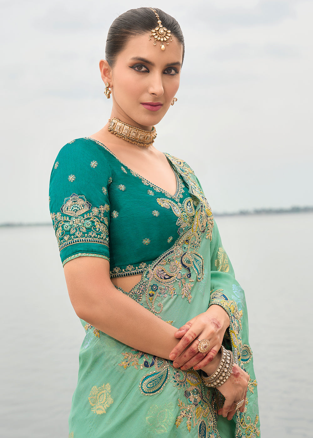 Buy Now Sea Green Viscose Tissue Silk Designer Saree Online in Canada, UK, France, Germany, USA & Worldwide at Empress Clothing.