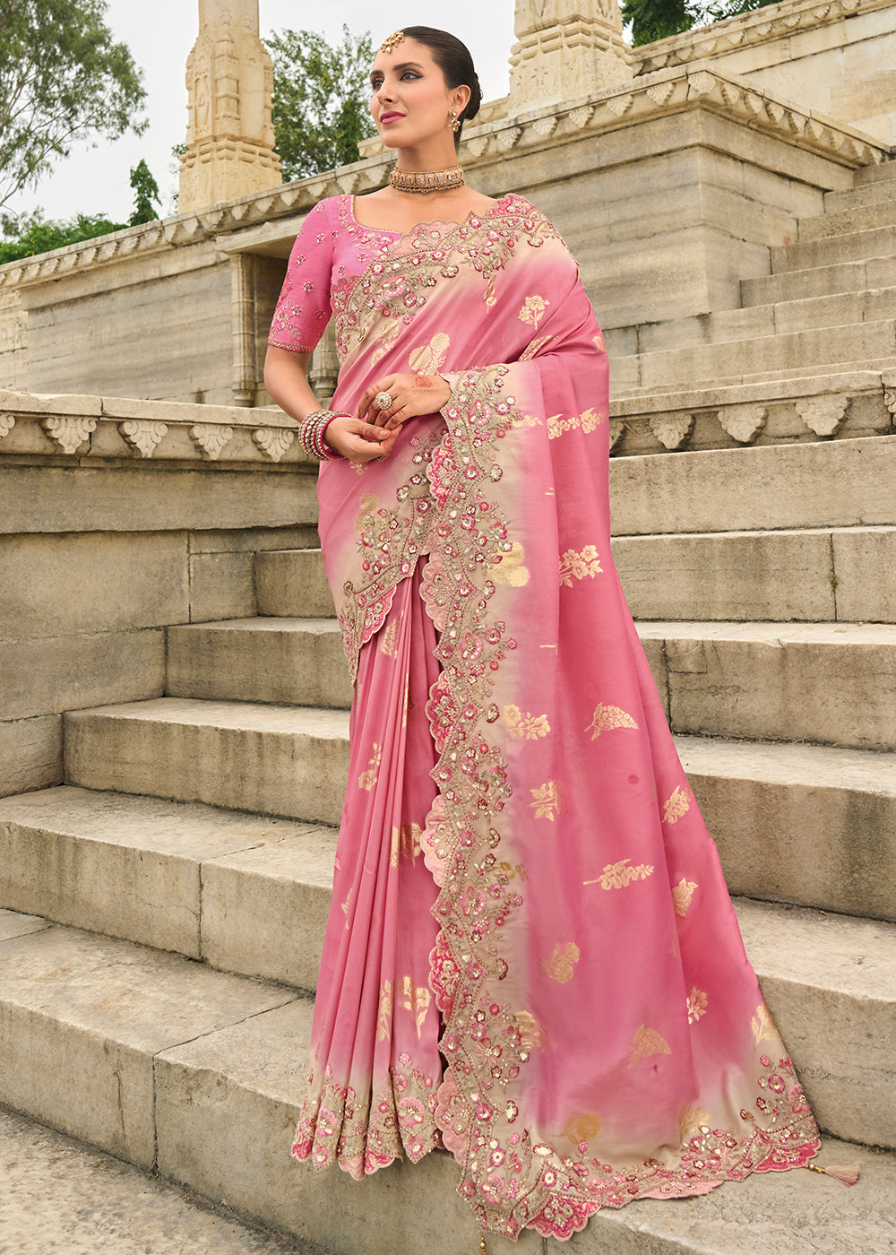 Buy Now Pink Shaded Viscose Tissue Silk Designer Saree Online in Canada, UK, France, Germany, USA & Worldwide at Empress Clothing. 