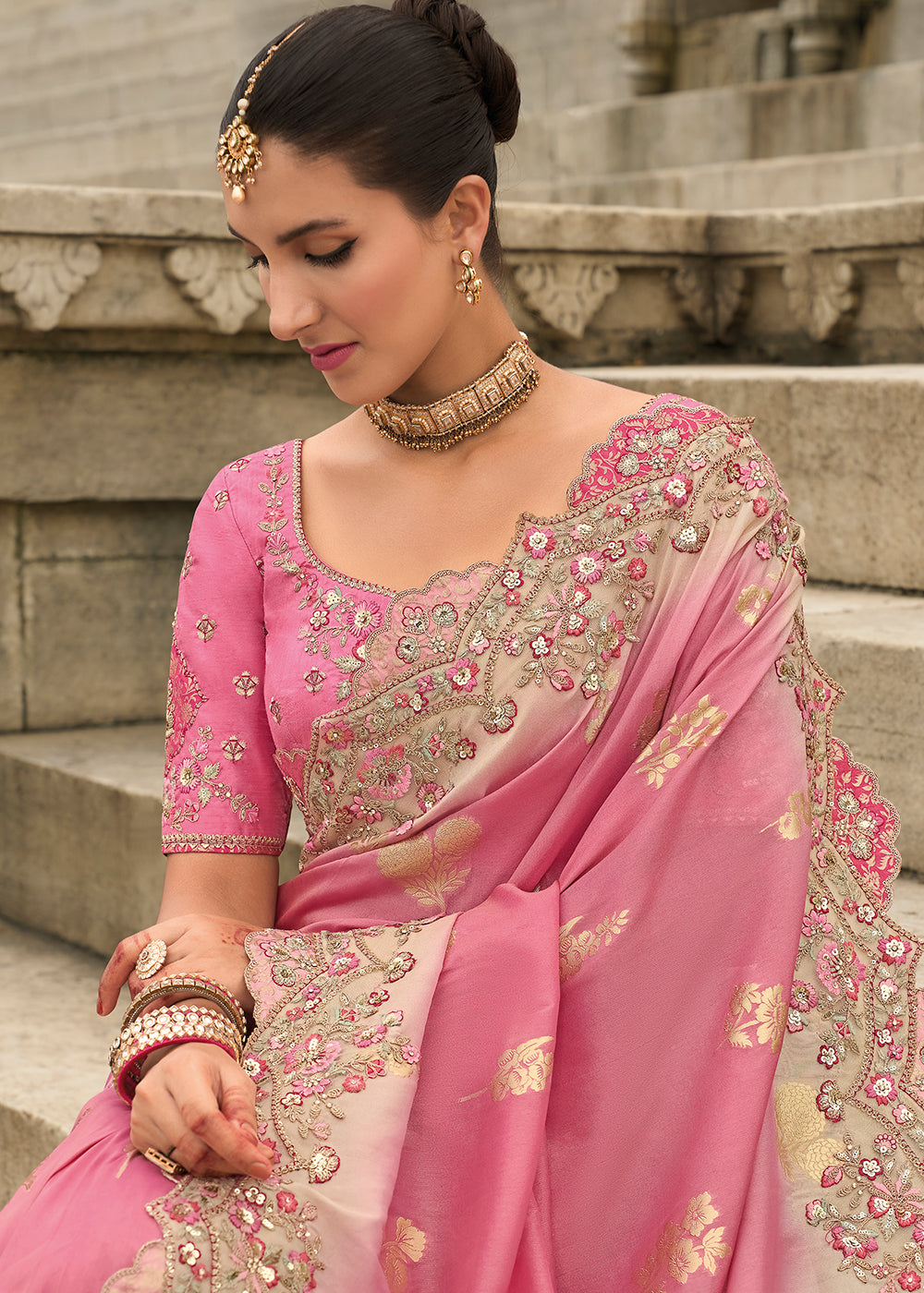 Buy Now Pink Shaded Viscose Tissue Silk Designer Saree Online in Canada, UK, France, Germany, USA & Worldwide at Empress Clothing. 