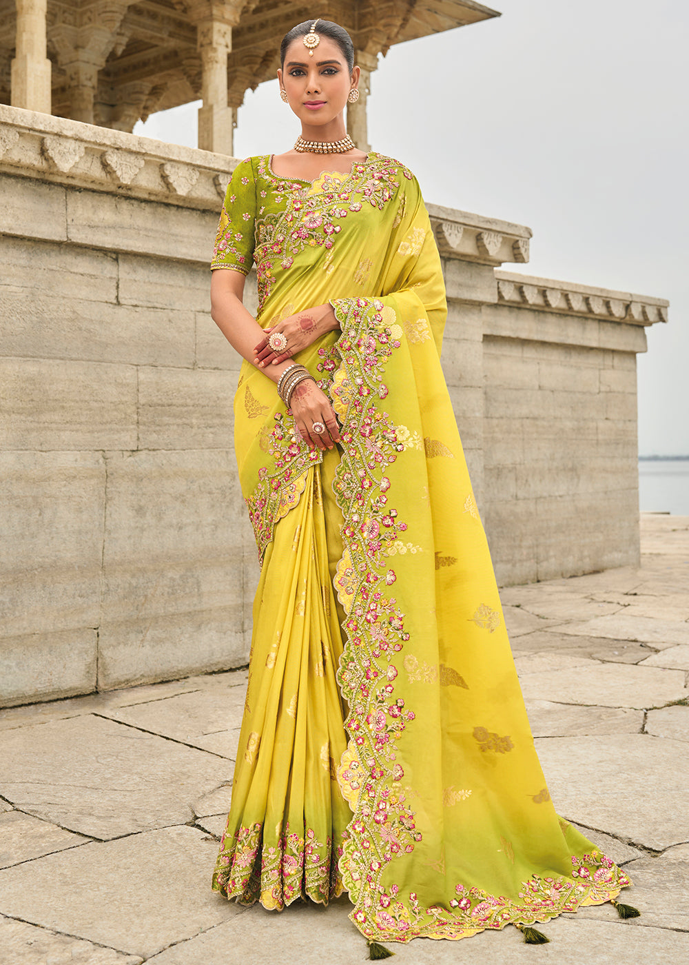 Buy Now Yellow Mehendi Viscose Tissue Silk Designer Saree Online in Canada, UK, France, Germany, USA & Worldwide at Empress Clothing. 