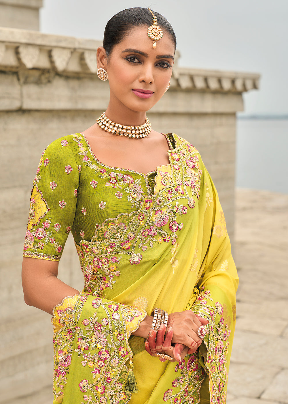 Buy Now Yellow Mehendi Viscose Tissue Silk Designer Saree Online in Canada, UK, France, Germany, USA & Worldwide at Empress Clothing. 