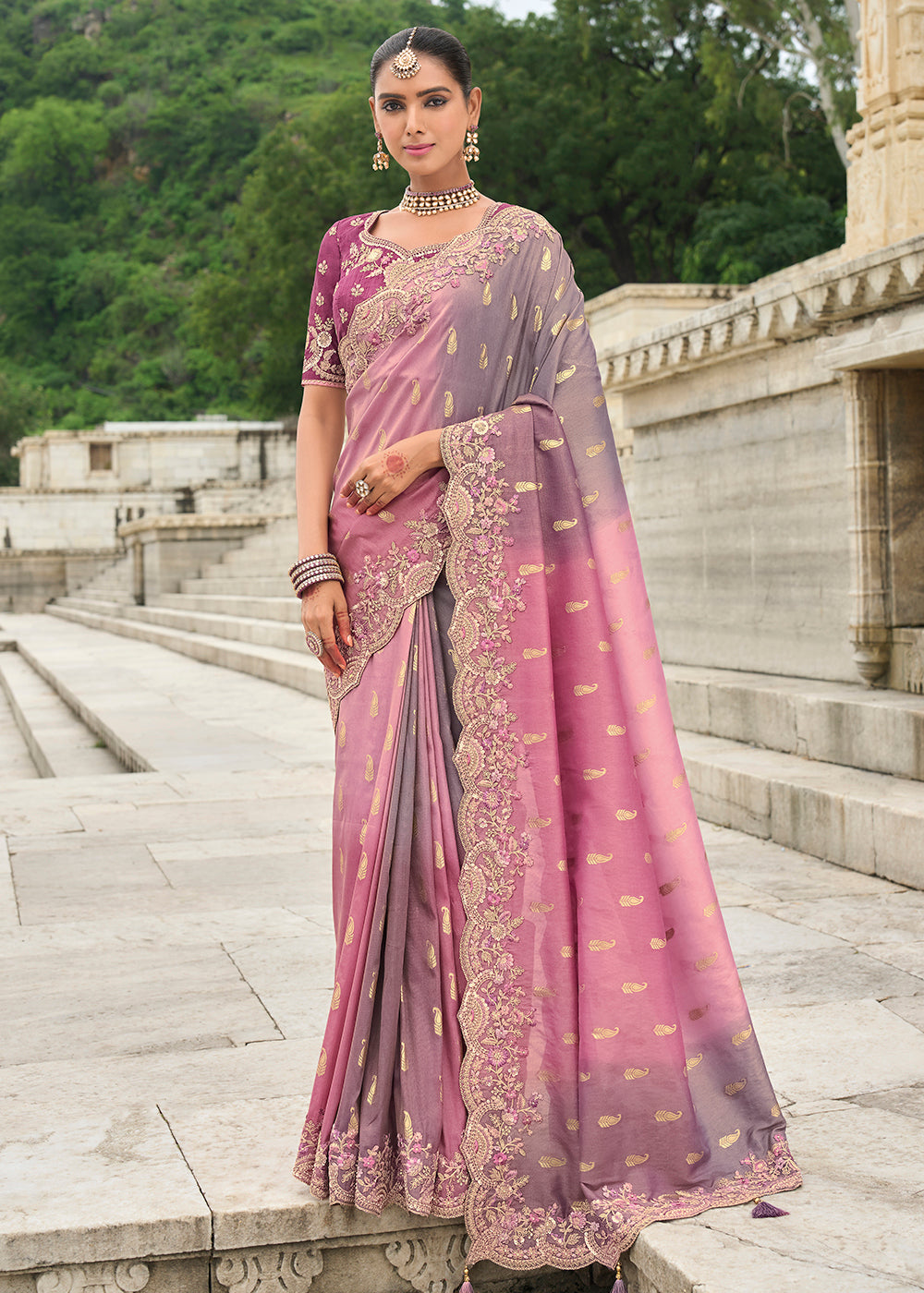 Buy Now Pink Grey Viscose Tissue Silk Designer Saree Online in Canada, UK, France, Germany, USA & Worldwide at Empress Clothing. 