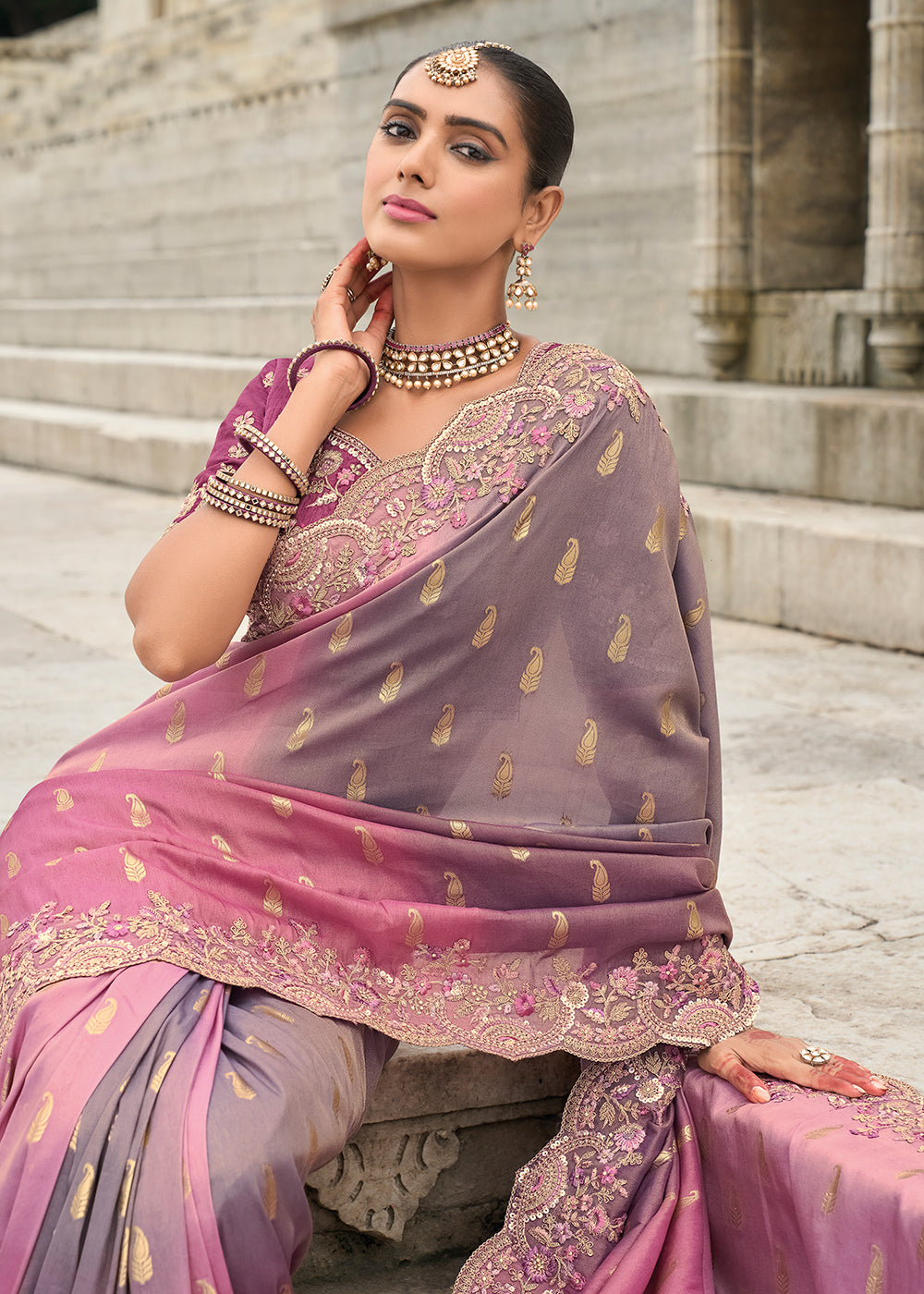 Buy Now Pink Grey Viscose Tissue Silk Designer Saree Online in Canada, UK, France, Germany, USA & Worldwide at Empress Clothing. 