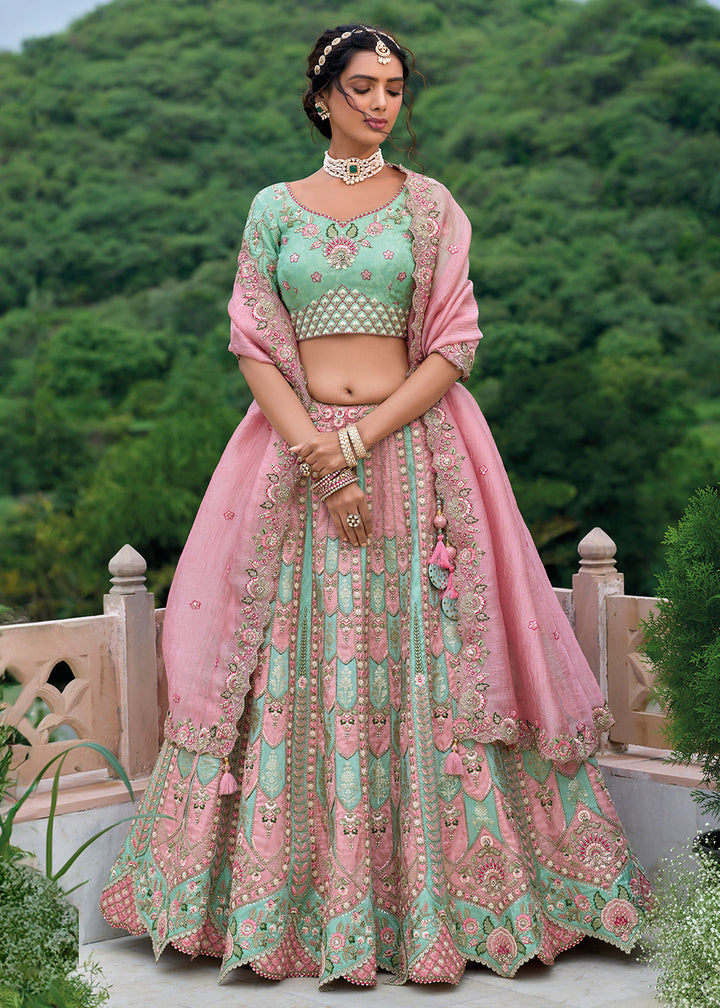 Buy Now Mint & Pink Heavy Embroidered Bridal Style Lehenga Choli Online in USA, UK, Canada, France & Worldwide at Empress Clothing. 