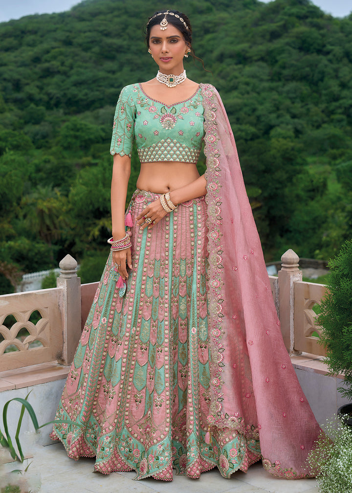 Buy Now Mint & Pink Heavy Embroidered Bridal Style Lehenga Choli Online in USA, UK, Canada, France & Worldwide at Empress Clothing. 