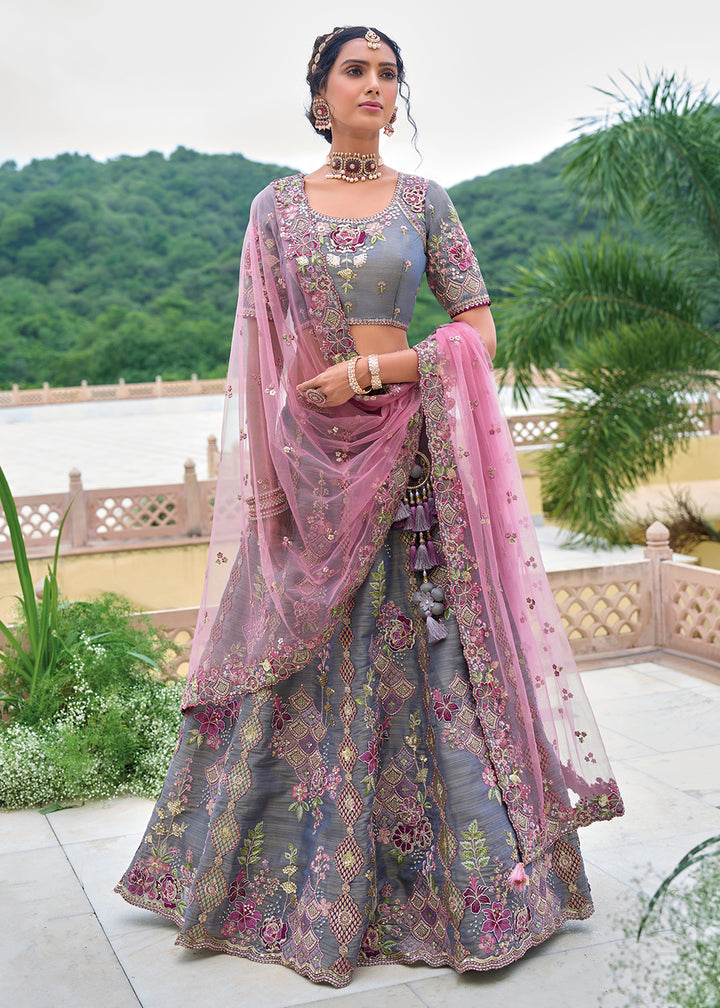 Buy Now Grey & Purple Heavy Embroidered Bridal Style Lehenga Choli Online in USA, UK, Canada, France & Worldwide at Empress Clothing.