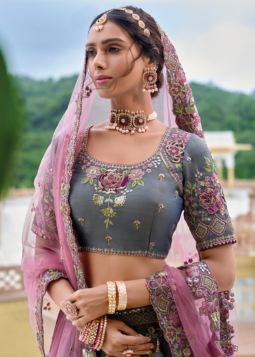 Buy Now Grey & Purple Heavy Embroidered Bridal Style Lehenga Choli Online in USA, UK, Canada, France & Worldwide at Empress Clothing.