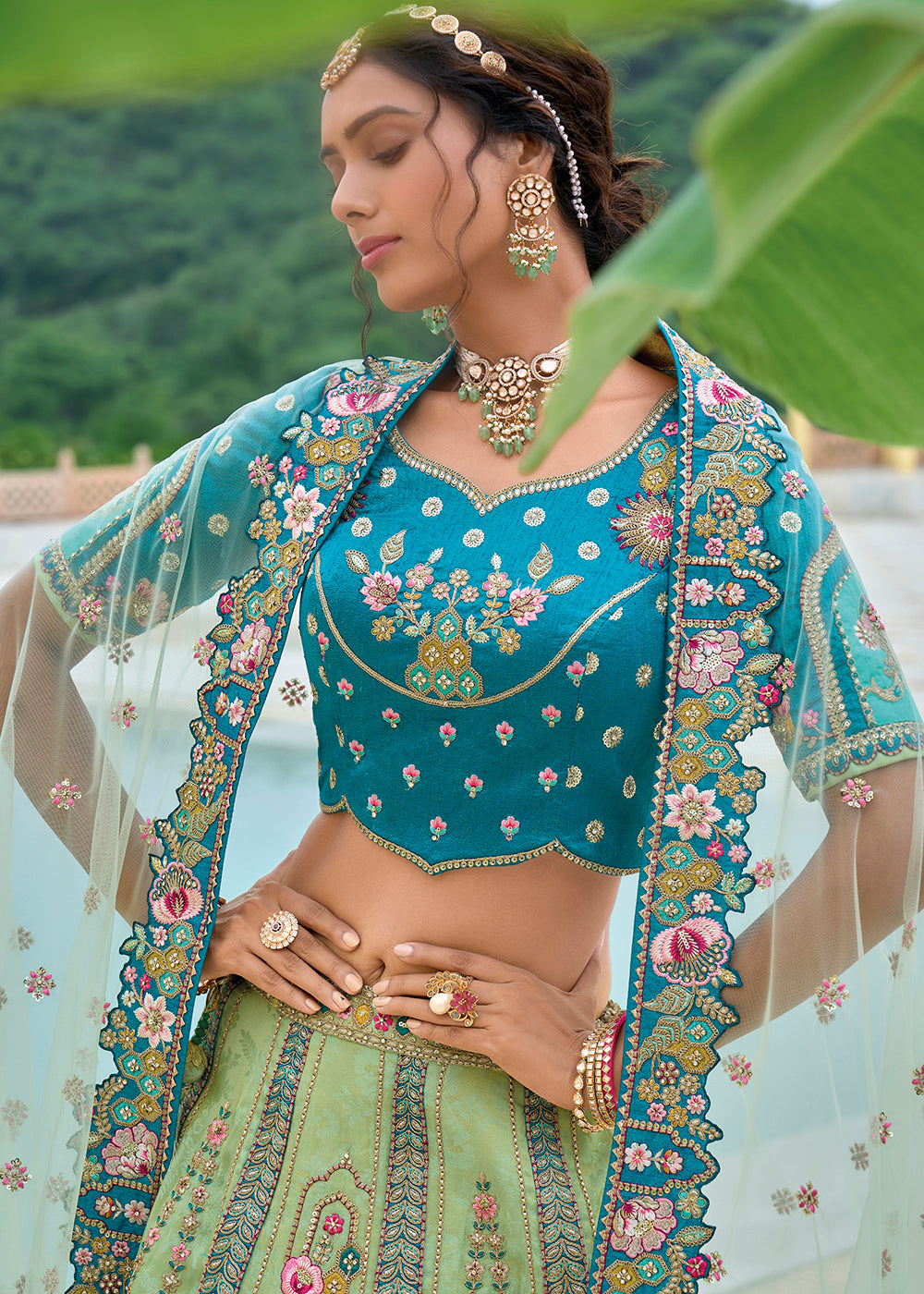 Buy Now Green & Blue Heavy Embroidered Bridal Style Lehenga Choli Online in USA, UK, Canada, France & Worldwide at Empress Clothing. 