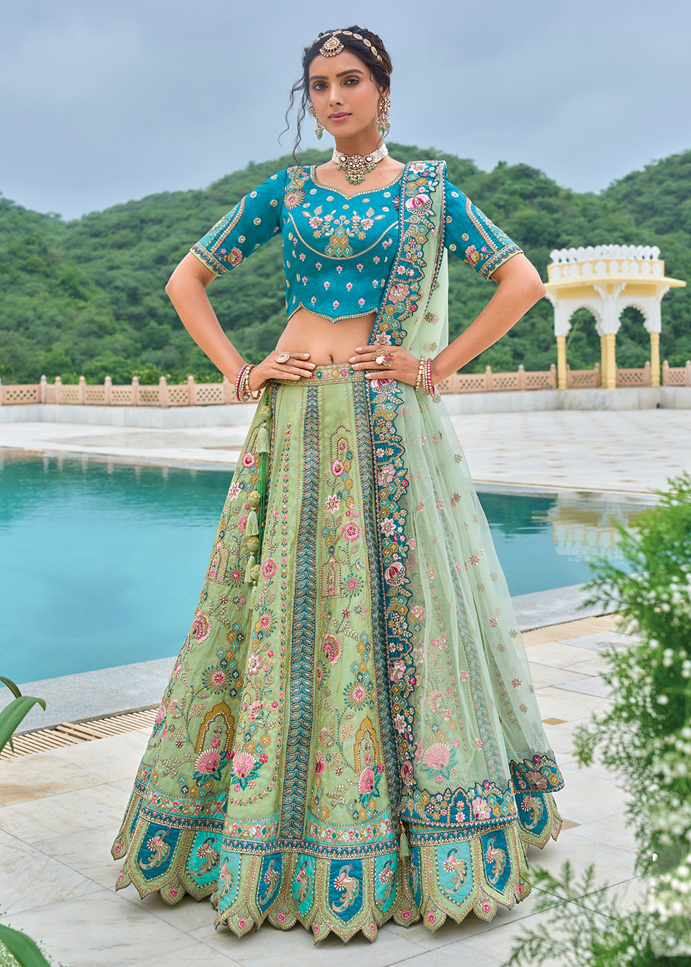 Buy Now Green & Blue Heavy Embroidered Bridal Style Lehenga Choli Online in USA, UK, Canada, France & Worldwide at Empress Clothing. 