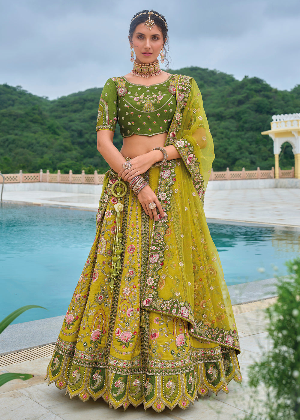 Buy Now Yellow & Green Heavy Embroidered Bridal Style Lehenga Choli Online in USA, UK, Canada, France & Worldwide at Empress Clothing.