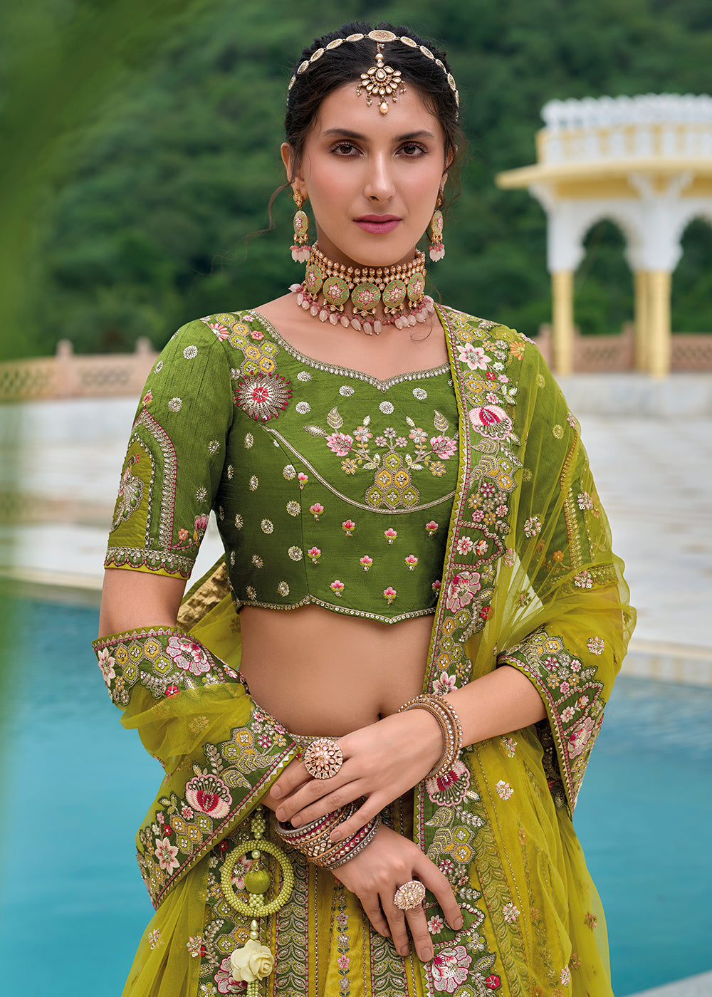 Buy Now Yellow & Green Heavy Embroidered Bridal Style Lehenga Choli Online in USA, UK, Canada, France & Worldwide at Empress Clothing.